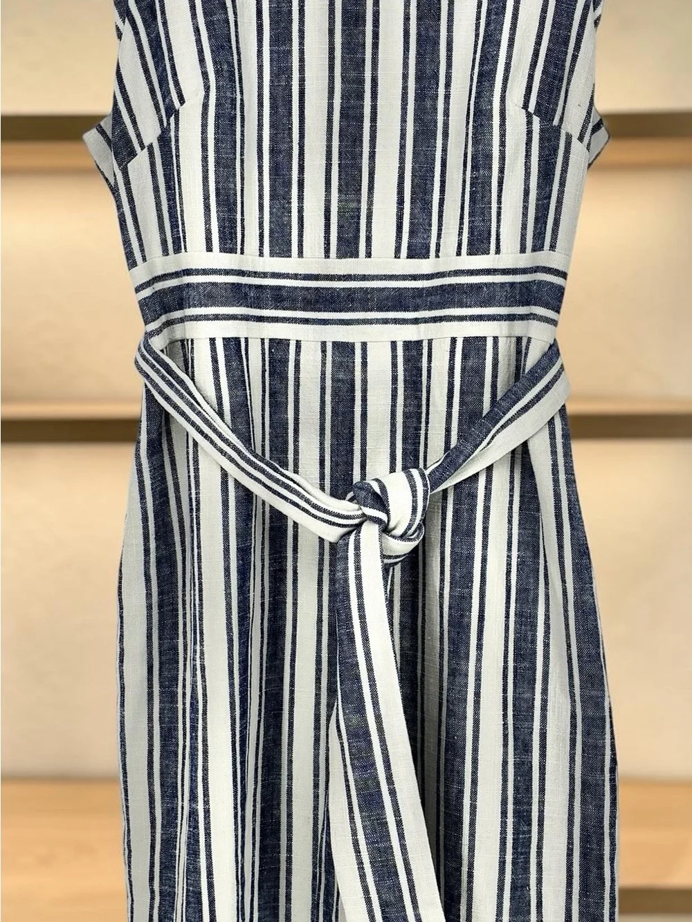 J.Crew Women’s Blue/White Striped Linen Blend Sleeveless Belted Dress - 16Tall
